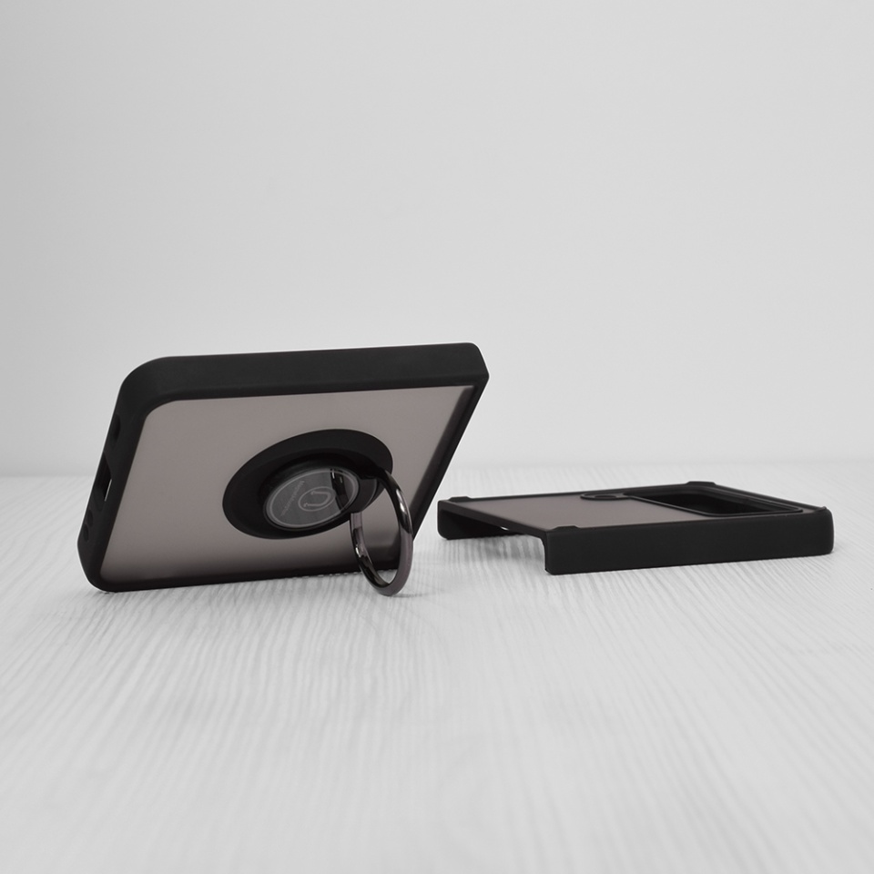 Husa pentru Samsung Galaxy Z Flip3 5G, SKYDDAR INNOVATION, Glinth cu Inel Rotativ 360° Magnetic, Negru, set cu sticker - 3 | YEO