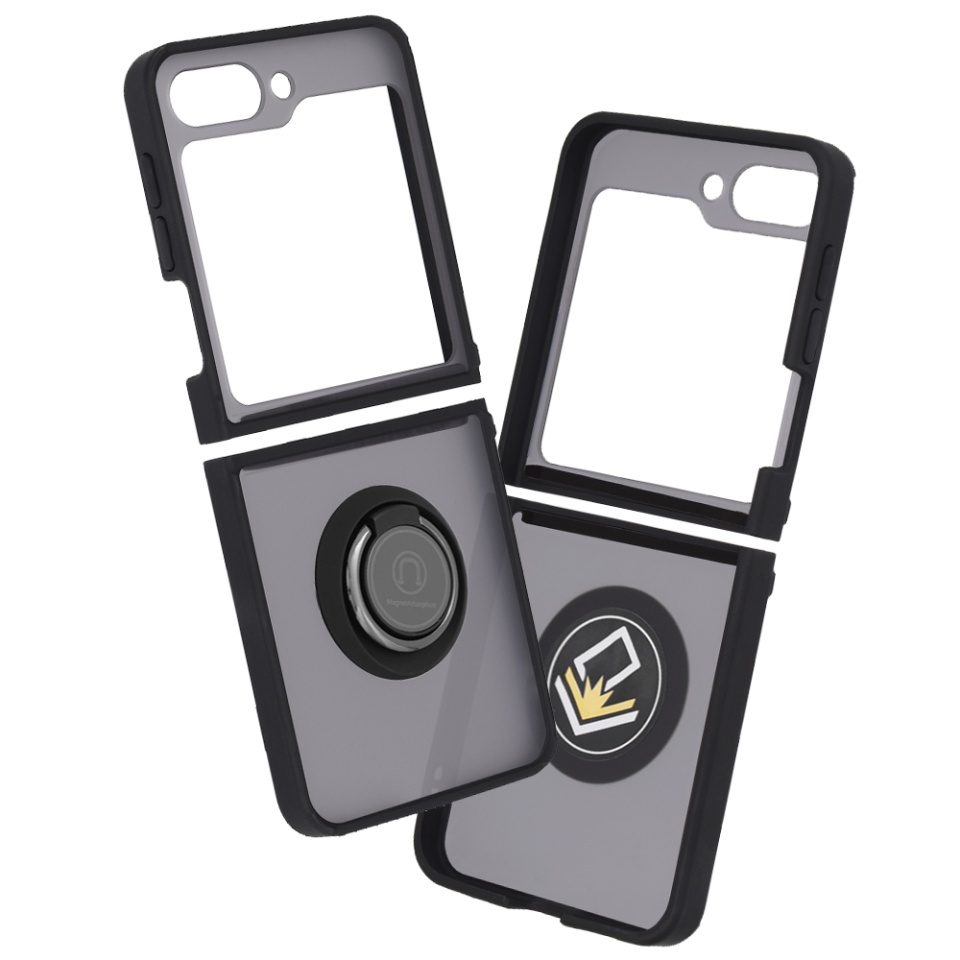 Husa pentru Samsung Galaxy Z Flip5, SKYDDAR INNOVATION, Glinth cu Inel Rotativ 360° Magnetic, Negru, set cu sticker