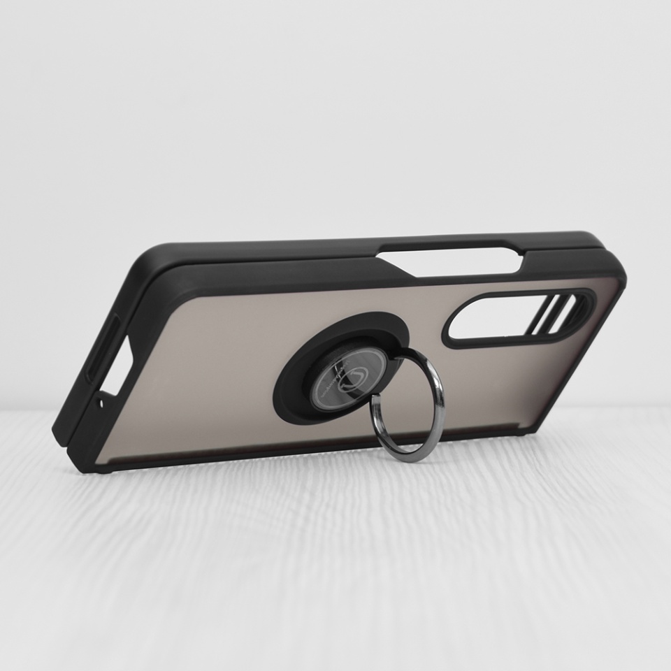 Husa pentru Samsung Galaxy Z Fold3 5G, SKYDDAR INNOVATION, Glinth cu Inel Rotativ 360° Magnetic, Negru, set cu sticker - 1 | YEO
