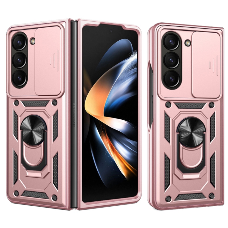 Husa pentru Samsung Galaxy Z Fold5, SKYDDAR INNOVATION, CamShield, Inel magnetic, set cu sticker, Roz