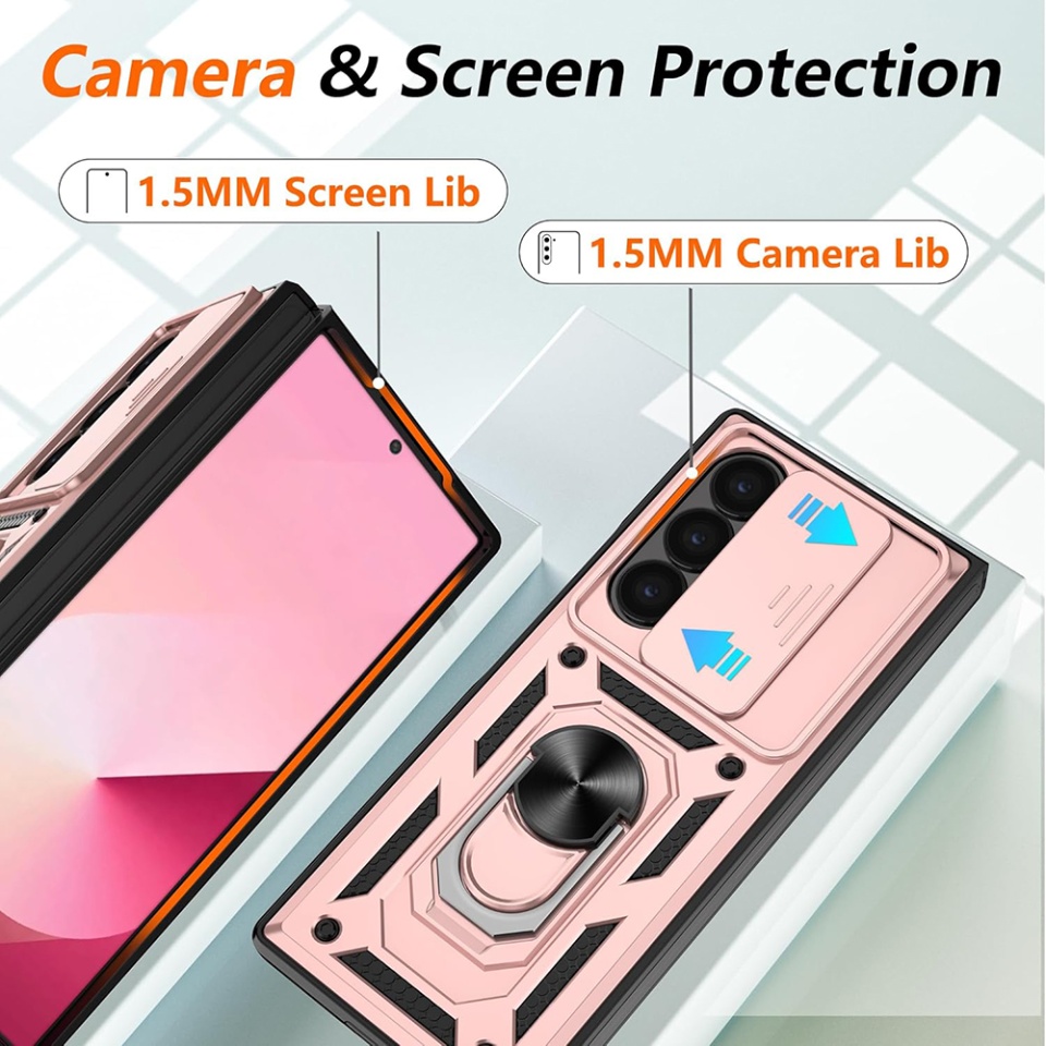 Husa pentru Samsung Galaxy Z Fold6, SKYDDAR INNOVATION, CamShield, Inel magnetic, set cu sticker, Roz - 2 | YEO