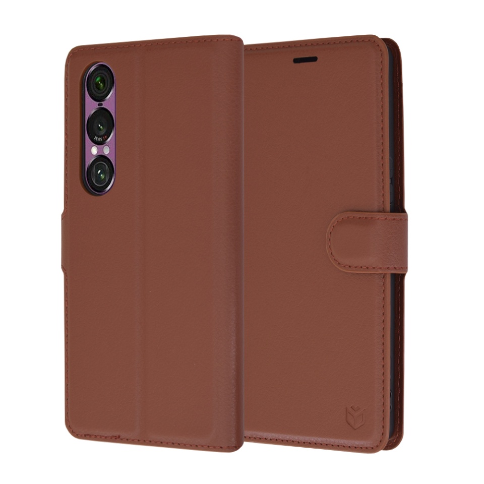 Husa pentru Sony Xperia 1 VI, SKYDDAR INNOVATION, Leather Folio tip Carte, cu Portofel Interior, Finisaje Premium, set cu sticker, Maro