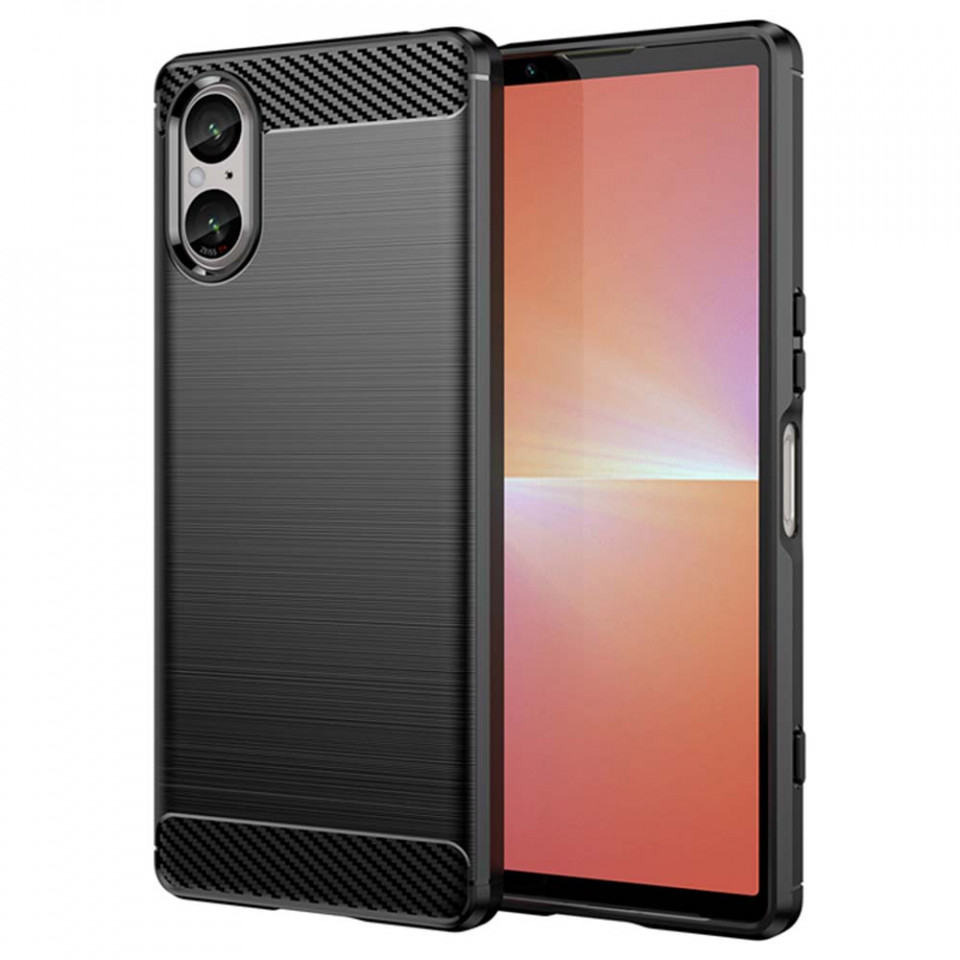 Husa pentru Sony Xperia 5 V, din silicon, Slim, cu textura Fibra Carbon - Negru