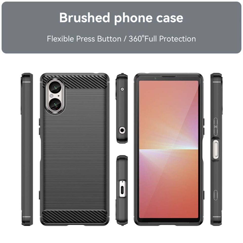 Husa pentru Sony Xperia 5 V, SKYDDAR INNOVATION, Carbon Silicone, din Silicon Slim, cu textura Fibra Carbon, set cu sticker, Negru - 1 | YEO
