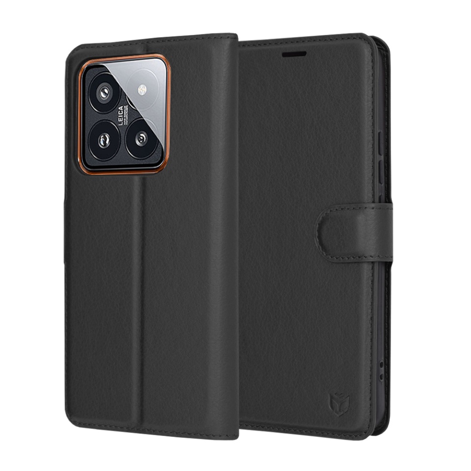 Husa pentru Xiaomi 14 Pro, SKYDDAR INNOVATION, Leather Folio tip Carte, cu Portofel Interior, Finisaje Premium, set cu sticker, Negru