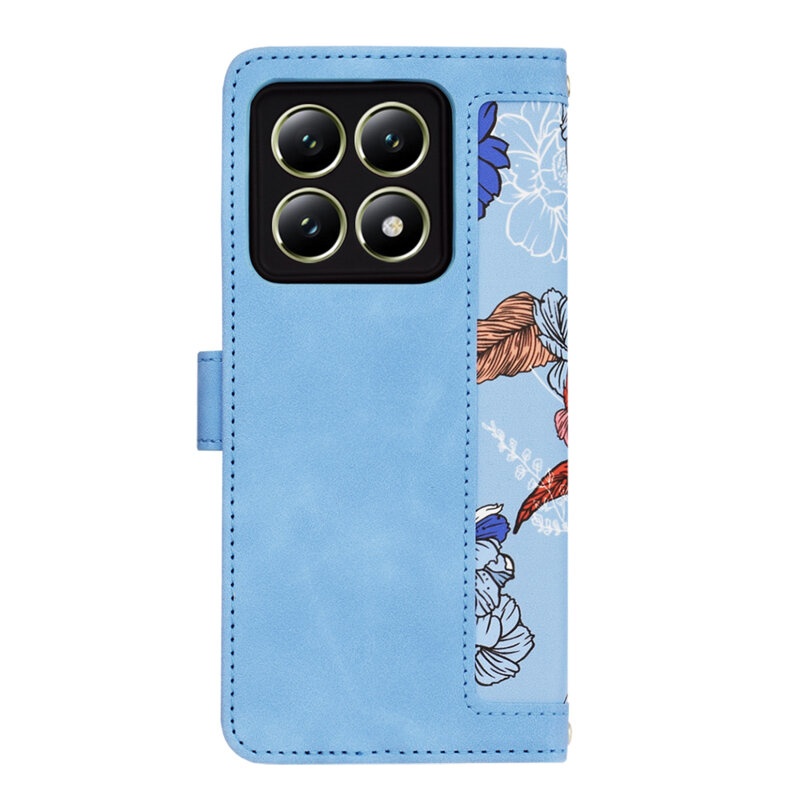 Husa pentru Xiaomi 14T din Piele Ecologică cu Design Floral, Protecție 360°, Stand Integrat, Buzunare pentru Carduri, SKDR Floral Wallet - Bleu - 2 | YEO