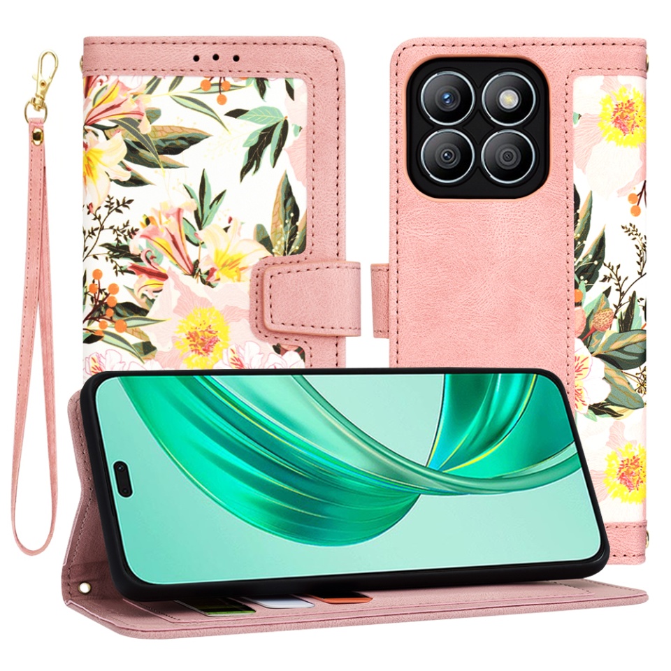 Husa pentru Xiaomi 14T Pro din Piele Ecologică cu Design Floral, Protecție 360°, Stand Integrat, Buzunare pentru Carduri, SKDR Floral Wallet - Roz