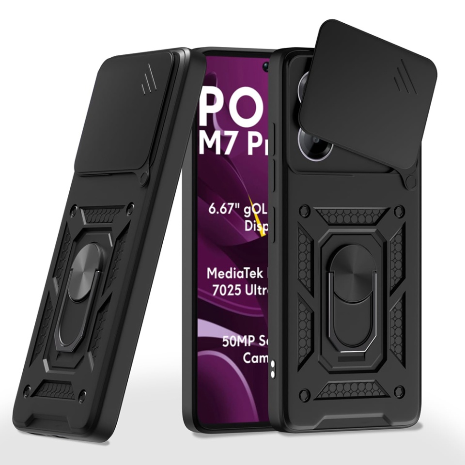 Husa pentru Xiaomi Poco M7 Pro 5G, SKYDDAR INNOVATION, CamShield, Inel magnetic, set cu sticker, Negru