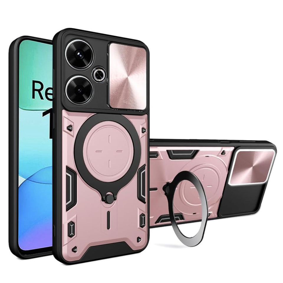 Husa pentru Xiaomi Redmi 13 / Poco M6 4G, cu inel magnetic si suport ajustabil, protectie completa camera, SKDR SafeCover - Roz auriu