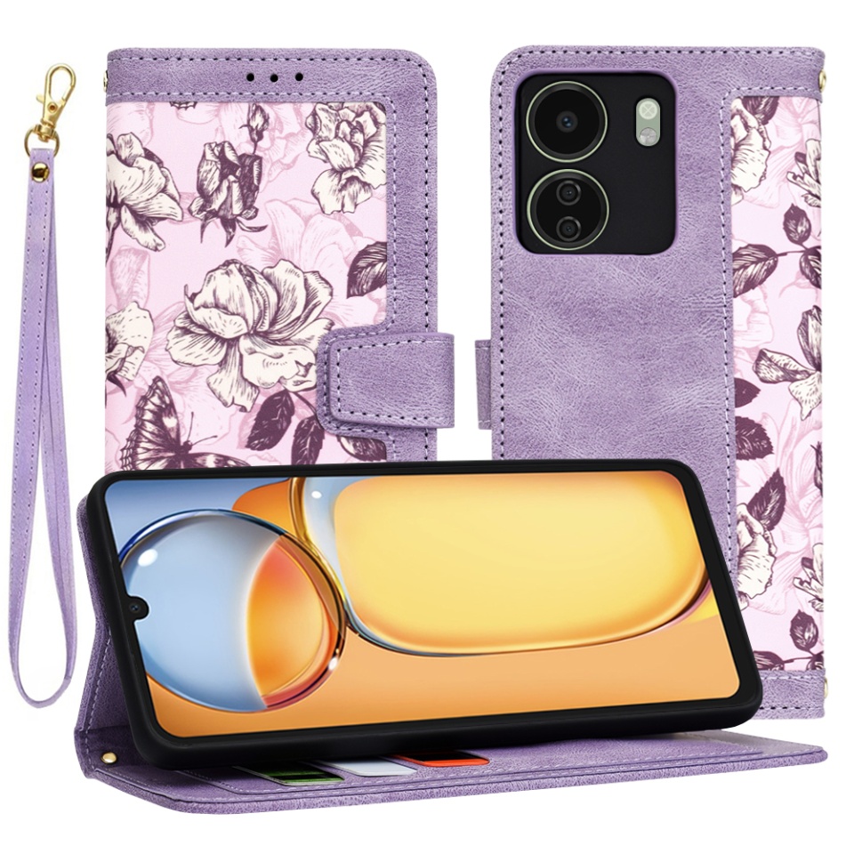 Husa pentru Xiaomi Redmi 13C 4G / Poco C65 din Piele Ecologică cu Design Floral, Protecție 360°, Stand Integrat, Buzunare pentru Carduri, SKDR Floral Wallet - Mov