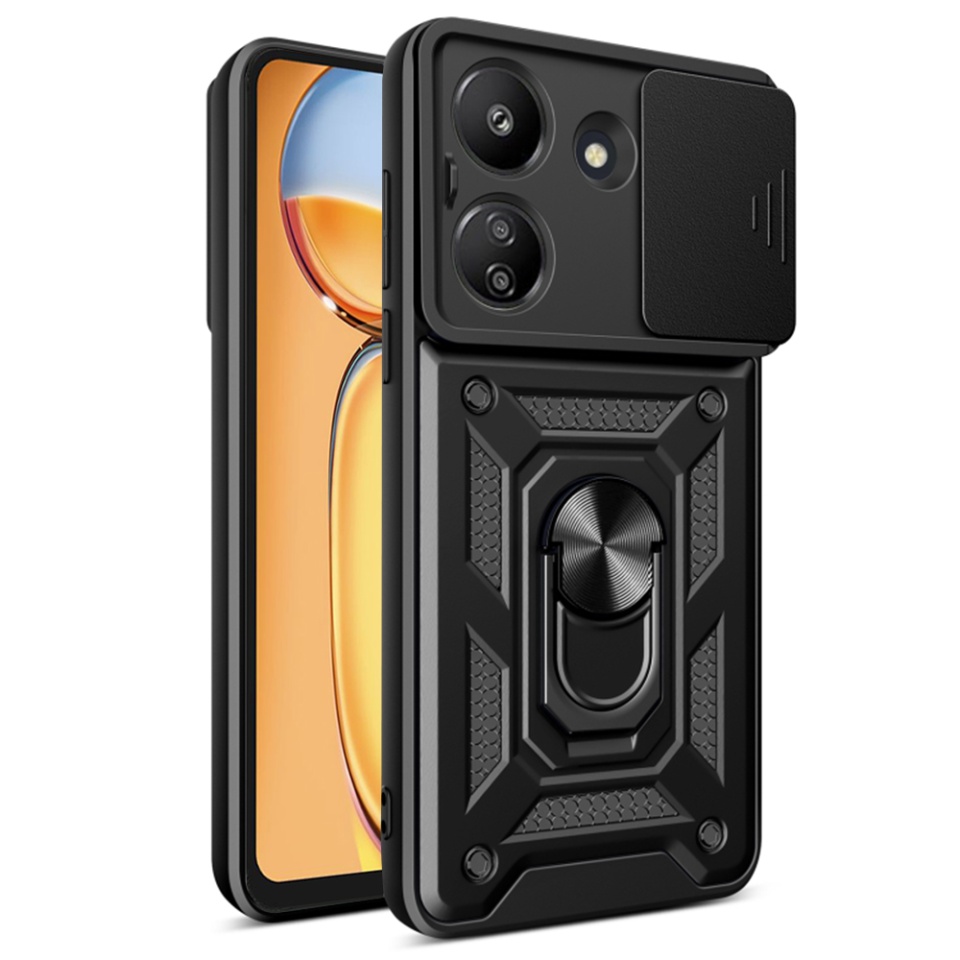 Husa pentru Xiaomi Redmi 13C 4G / Poco C65, SKYDDAR INNOVATION, CamShield, Inel magnetic, set cu sticker, Negru