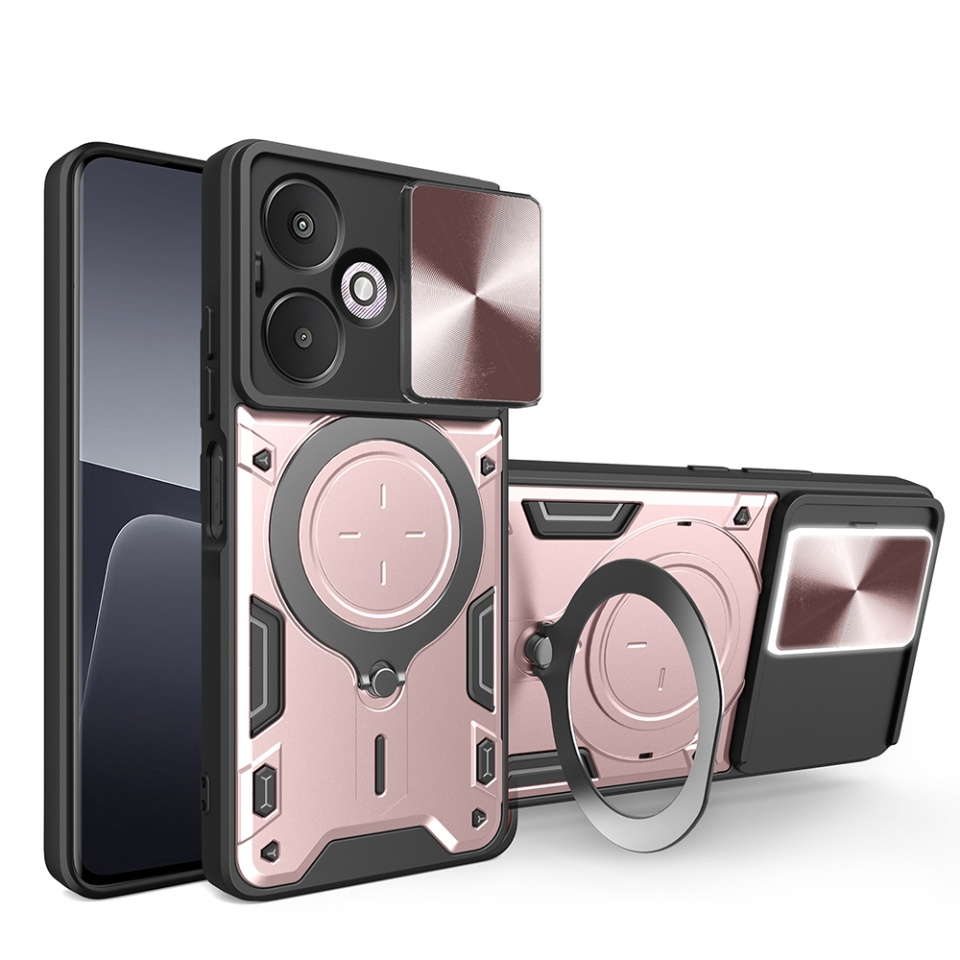 Husa pentru Xiaomi Redmi 13C 5G / Poco M6, cu inel magnetic si suport ajustabil, protecție completa camera, SKDR SafeCover - Roz auriu