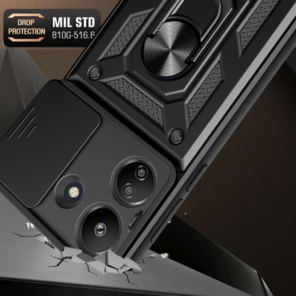 Husa pentru Xiaomi Redmi 13C 5G, SKYDDAR INNOVATION, CamShield, Inel magnetic, set cu sticker, Negru - 3 | YEO