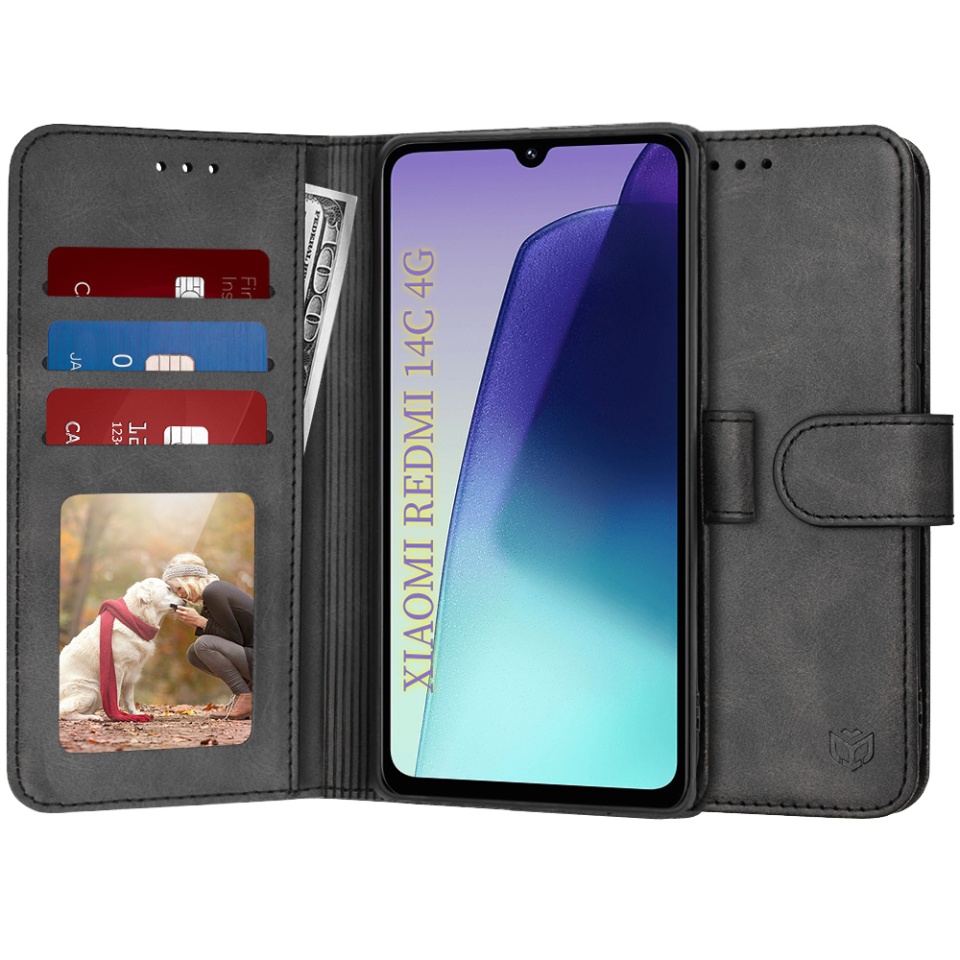 Husa pentru Xiaomi Redmi 14C / Poco C75, SKYDDAR INNOVATION, Diary Book, tip carte, cu Portofel Interior, Antisoc, Negru, set cu sticker