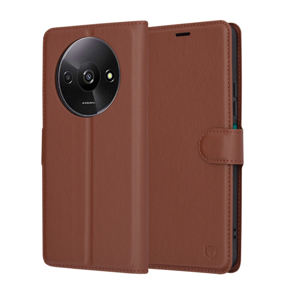 Husa pentru Xiaomi Redmi A3 / Redmi A3x, SKYDDAR INNOVATION, Leather Folio tip Carte, cu Portofel Interior, Finisaje Premium, set cu sticker, Maro