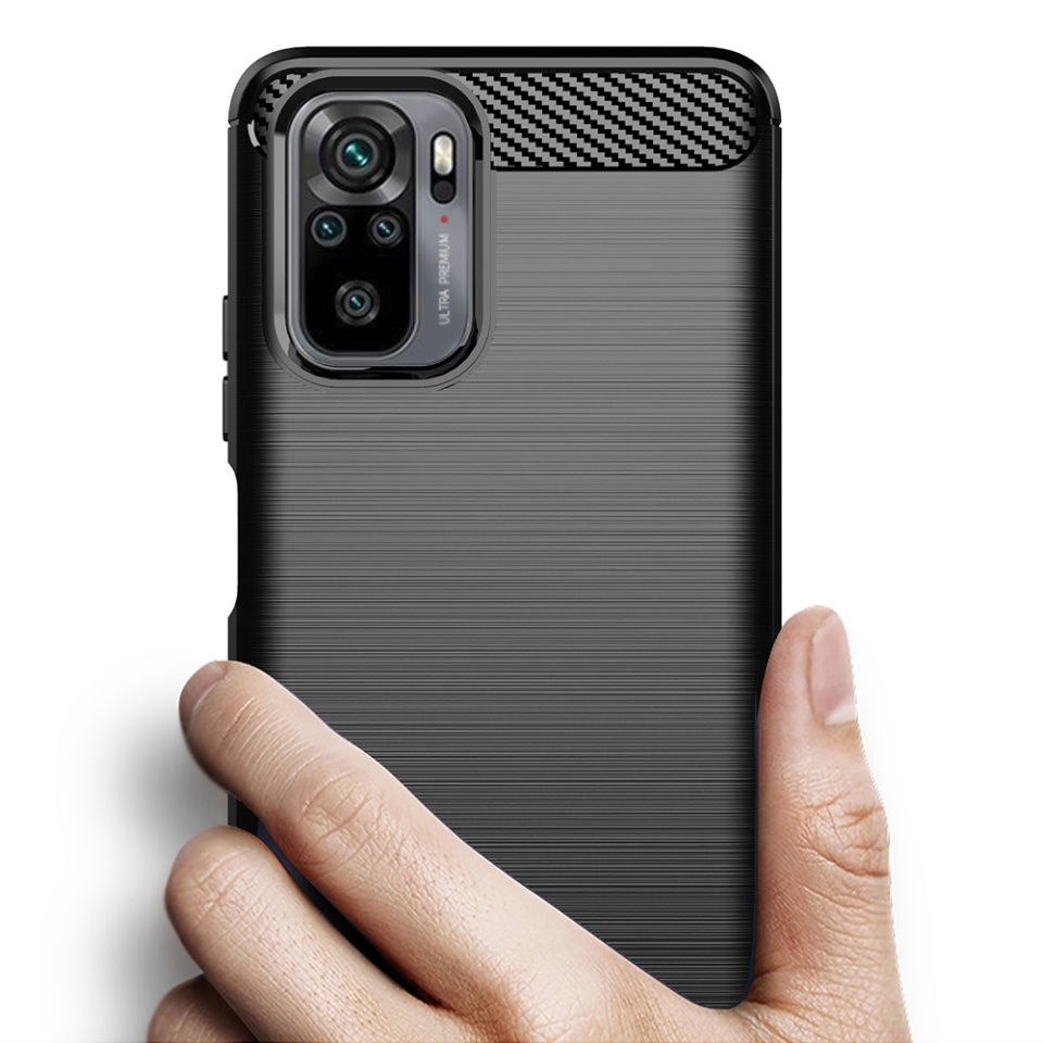 Husa pentru Xiaomi Redmi Note 10 4G / Redmi Note 10S / Poco M5s, SKYDDAR INNOVATION, Carbon Silicone, din Silicon Slim, cu textura Fibra Carbon, set cu sticker, Negru - 1 | YEO