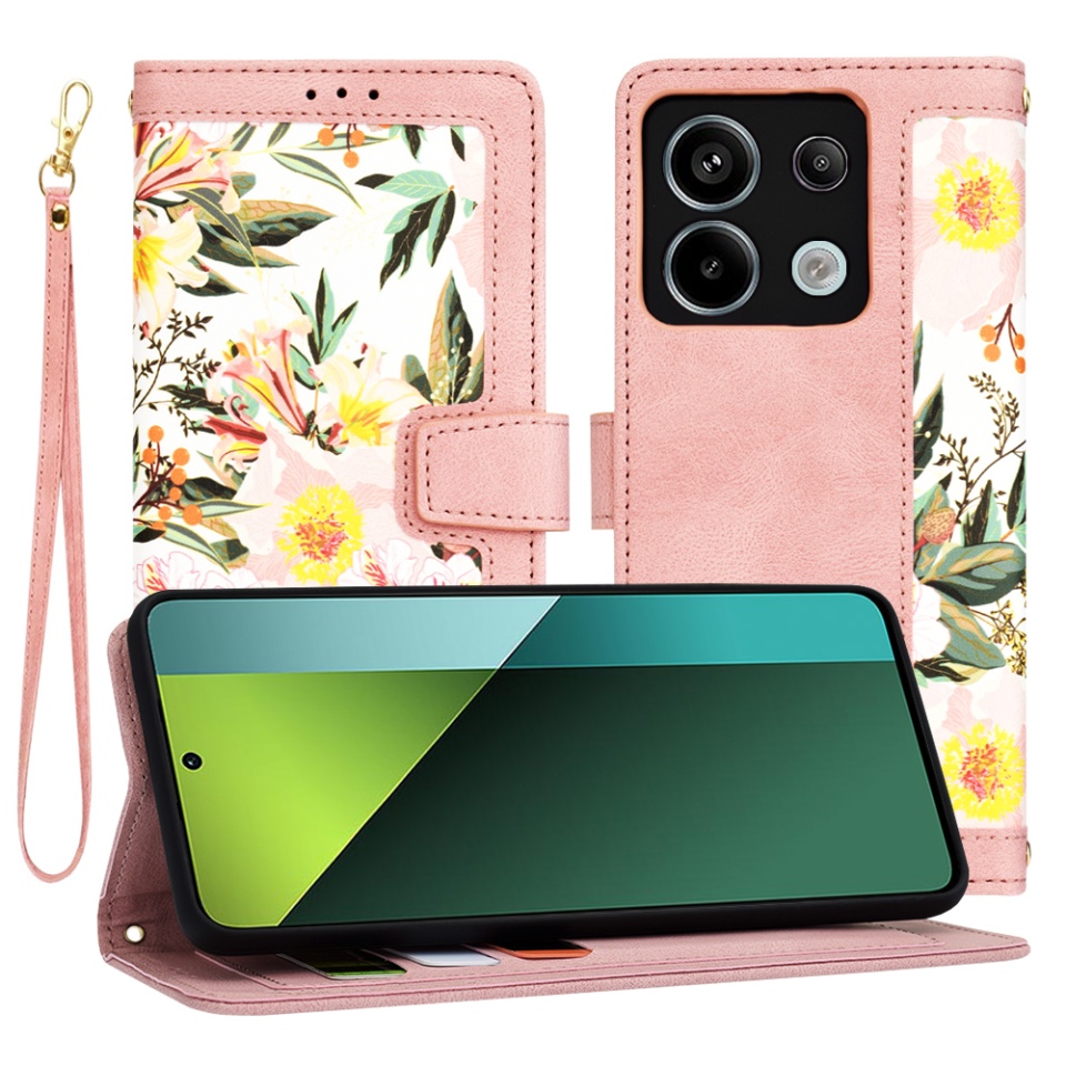 Husa pentru Xiaomi Redmi Note 13 Pro 5G / Poco X6 din Piele Ecologică cu Design Floral, Protecție 360°, Stand Integrat, Buzunare pentru Carduri, SKDR Floral Wallet - Roz