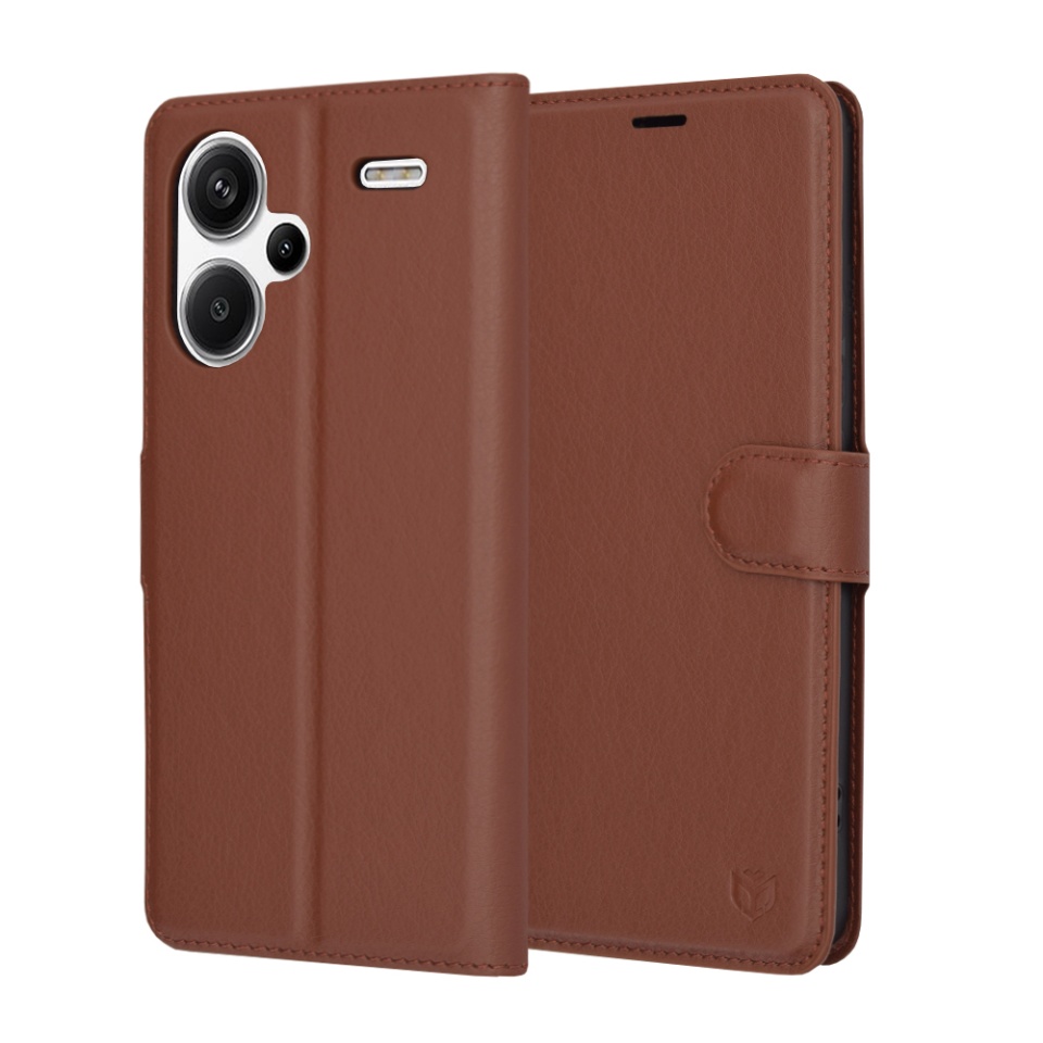 Husa pentru Xiaomi Redmi Note 13 Pro+ 5G, SKYDDAR INNOVATION, Leather Folio tip Carte, cu Portofel Interior, Finisaje Premium, set cu sticker, Maro