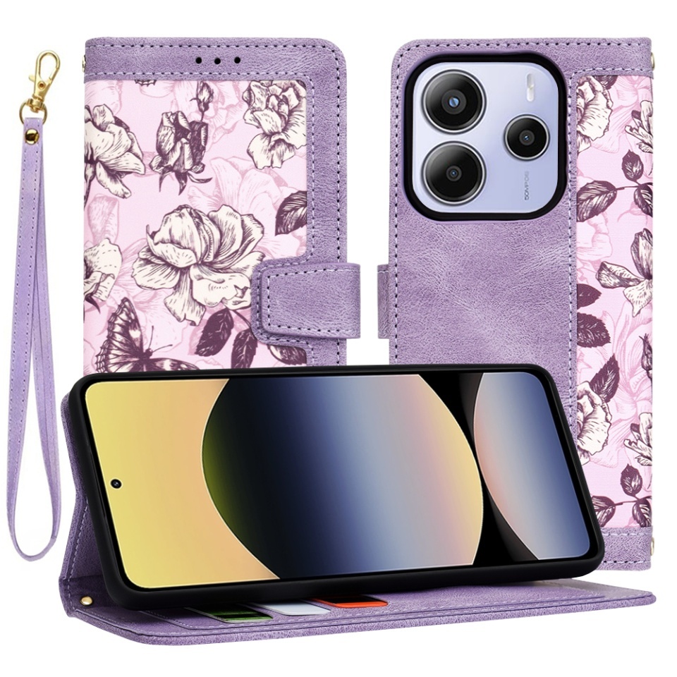 Husa pentru Xiaomi Redmi Note 14 5G, SKYDDAR INNOVATION, Flipcraft din Piele Ecologică, Stand Integrat, Buzunare pentru Carduri, set cu sticker, Mov