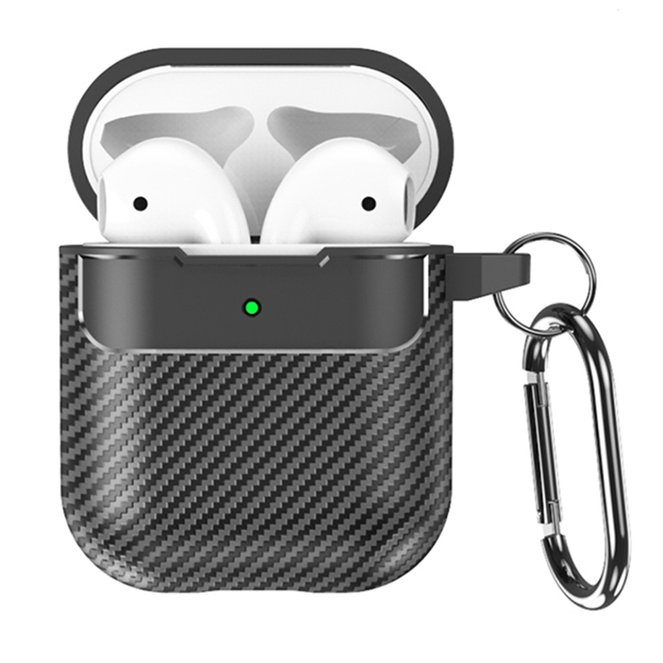 Husa Protectie pentru AirPods 1 / 2, din Fibra de Carbon, cu Breloc Carabina, Incarcare Wireless, EarSafe - Negru