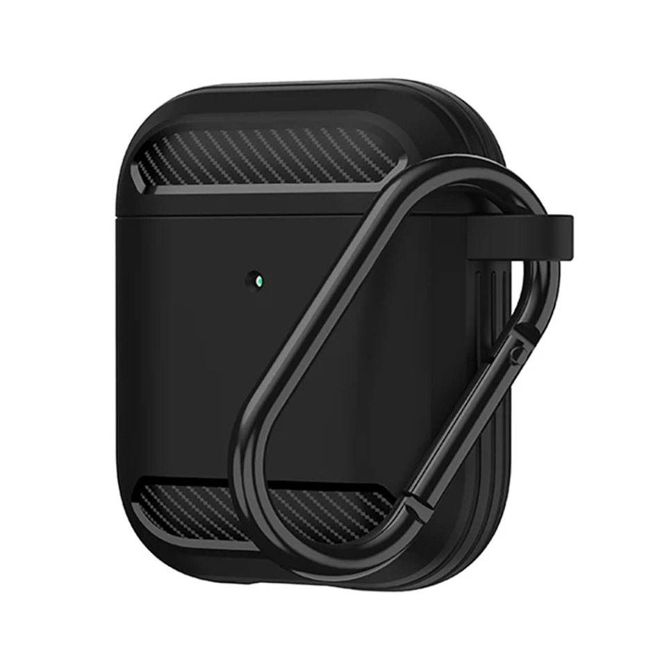 Husa Protectie pentru AirPods 1 / AirPods 2, din Fibra de Carbon Silicon, cu Breloc Carabina, Incarcare Wireless, EarSafe - Negru