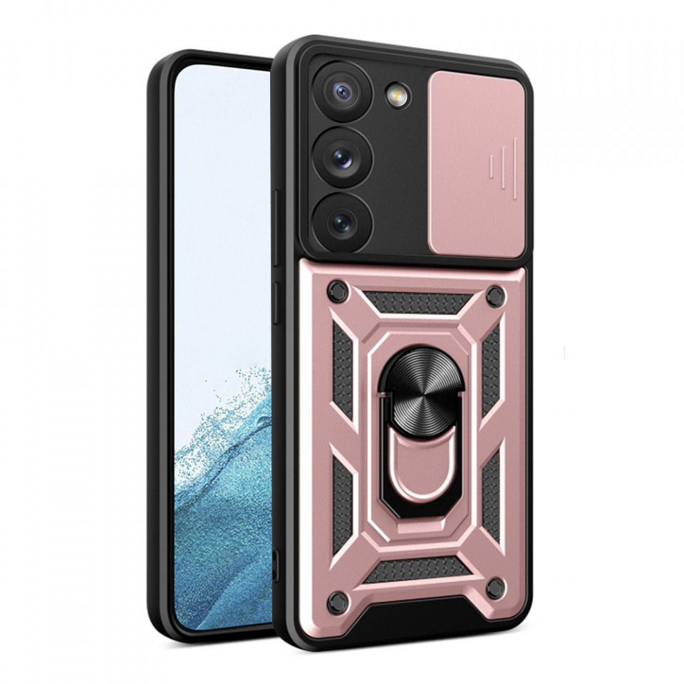 Husa Samsung Galaxy S22 5G cu inel magnetic si protectie camera Skyddar CamShield - Rose Gold