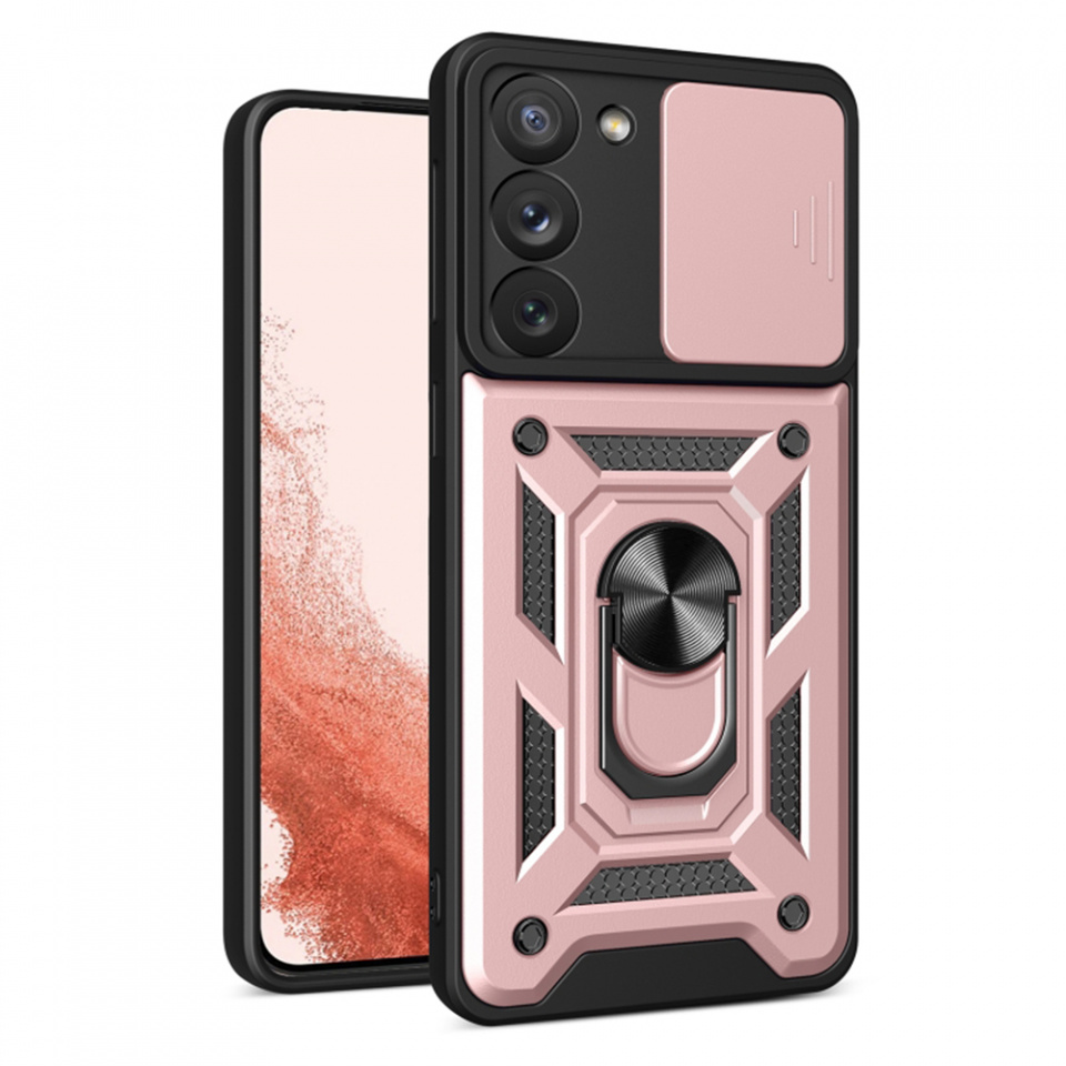 Husa Samsung Galaxy S23 Plus cu inel magnetic si protectie camera Skyddar CamShield - Rose Gold