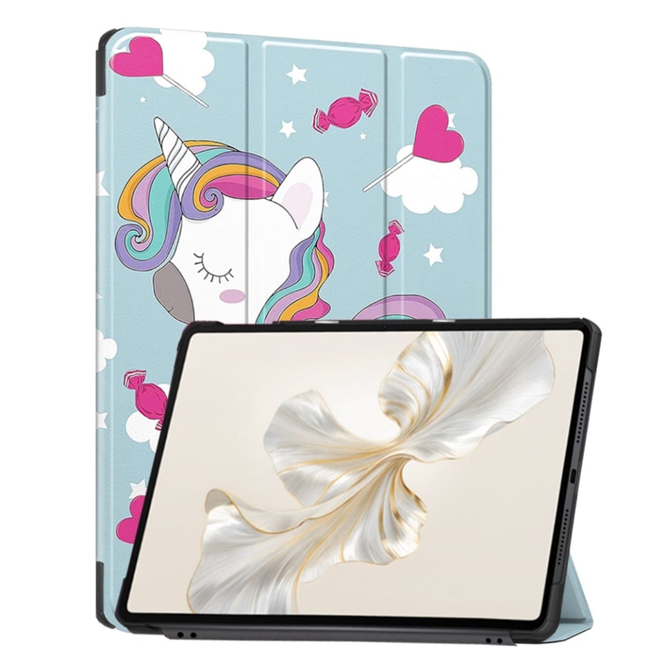 Husa tableta pentru Honor Pad 9, SKYDDAR INNOVATION, cu suport Multi-Unghi si functie Sleep/Wake, FoldPro, Unicorn, set cu sticker