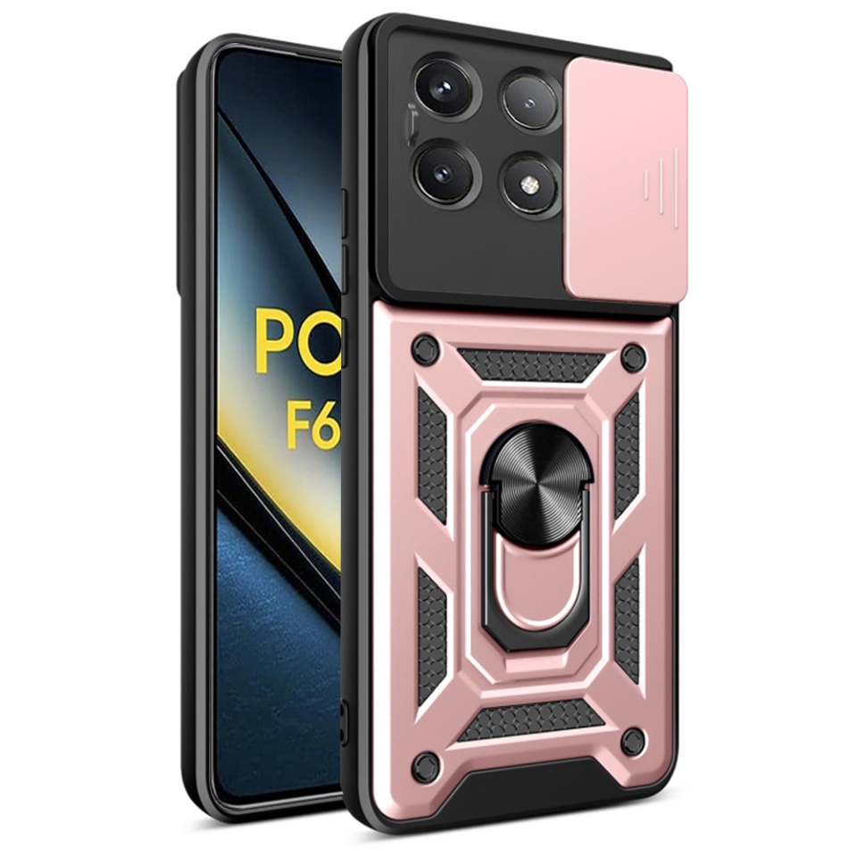 Husa Xiaomi Poco F6 Pro cu inel magnetic si protectie camera Skyddar CamShield - Roz