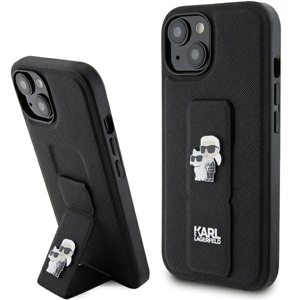Huse pentru iPhone 14 Plus / 15 Plus, Karl Lagerfeld, Saffiano Gripstand, Negru