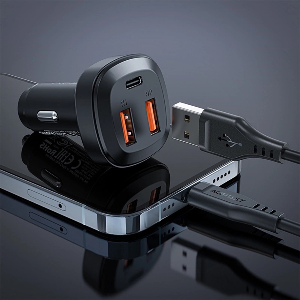 Incarcator Auto 66W, 2x USB + 1x Type-C, Fast Charging, PD3.0, QC4+, Corp Metalic Zinc, Acefast B9, Negru - 3 | YEO