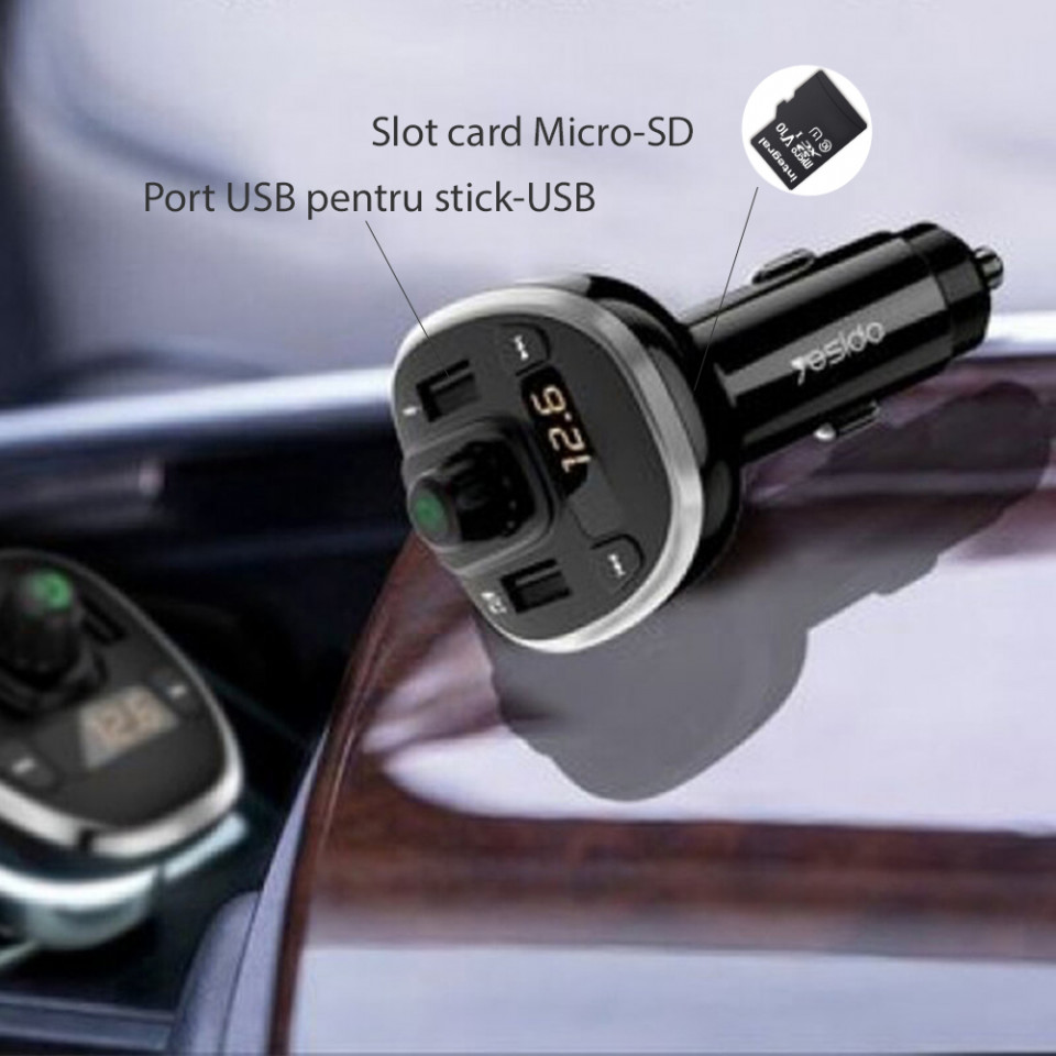 Incarcator Auto cu Modulator FM, Display LED, 2xUSB 3A, MicroSD, Yesido (Y39) - Negru - 3 | YEO
