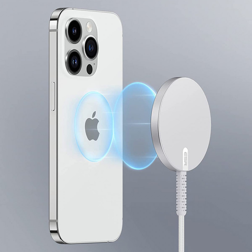 Incarcator Mini Wireless, prindere magnetica, cablu Nylon, ESR - Argintiu - 1 | YEO