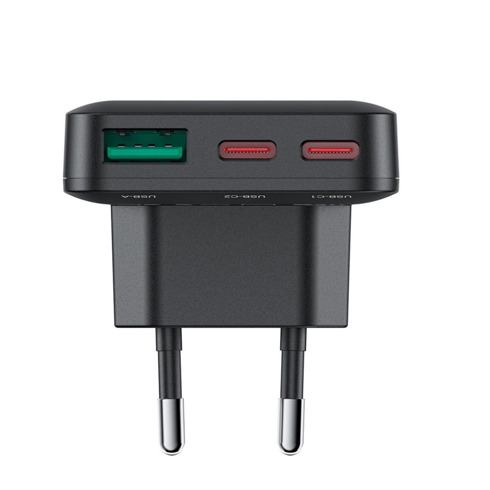 Incarcator Priza 65W, 2x Type-C + 1x USB, 3in1, Tehnologie GaN, PD Fast Charging, Acefast A100, Negru - 1 | YEO