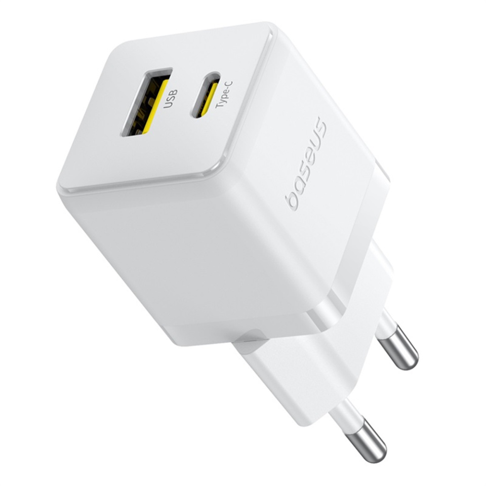 Incarcator Priza cu 2 porturi, Baseus,Type-C Cablu Inclus, 2in1, USB, USB-C, 20W, 5V/3.0A, 1m , Palm 8213, Alb - 1 | YEO