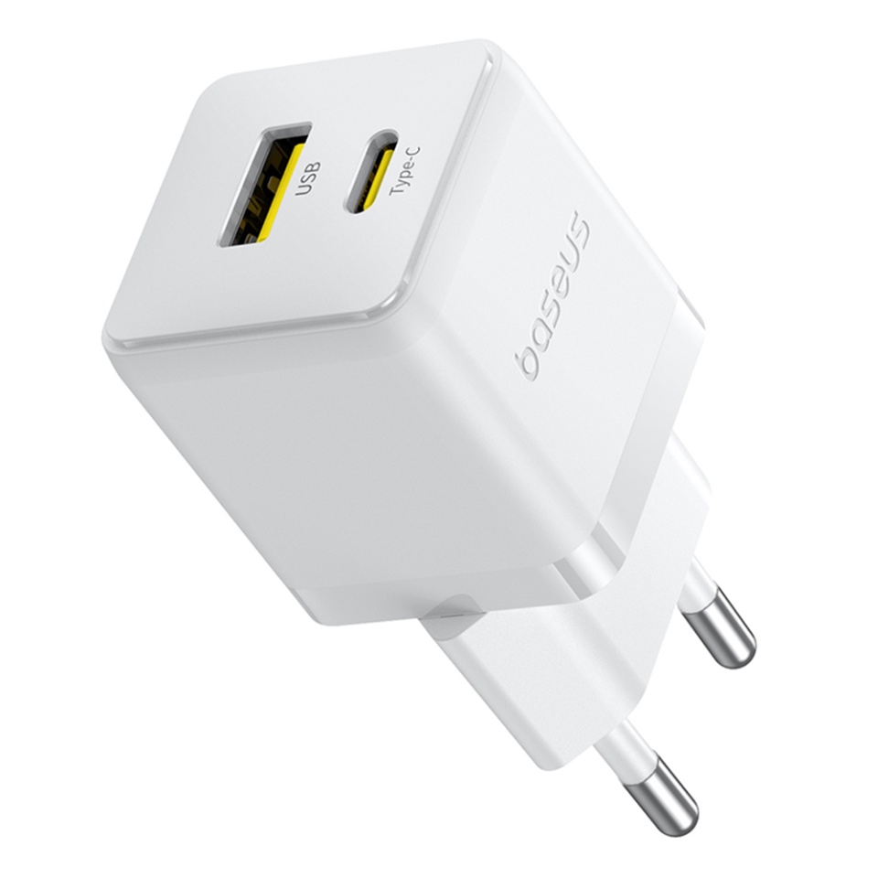 Incarcator Priza cu 2 porturi, Baseus,Type-C Cablu Inclus, Fast Charge, 2in1, USB, USB-C, 30W, 20V/3A, Palm, Alb - 1 | YEO