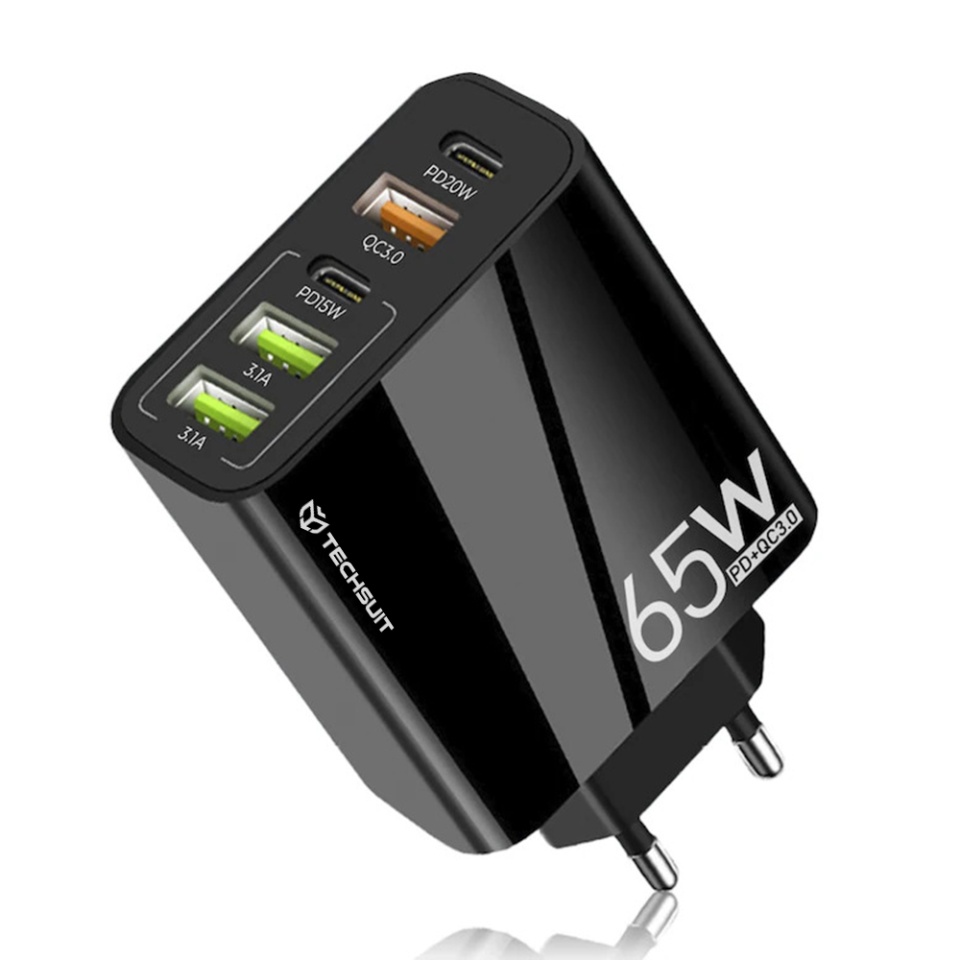Incarcator Priza cu 5 porturi , Universal, 3x USB QC 3.0, 2x Type-C PD 20W, 65W, GaN, Techsuit PentaXPower (CHC2), Negru - 1 | YEO