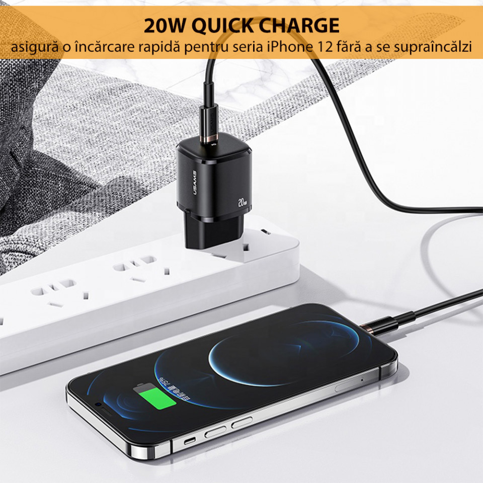 Incarcator priza Type-C, Fast Charge, 20W, 3A, USAMS T36 - Negru - 1 | YEO
