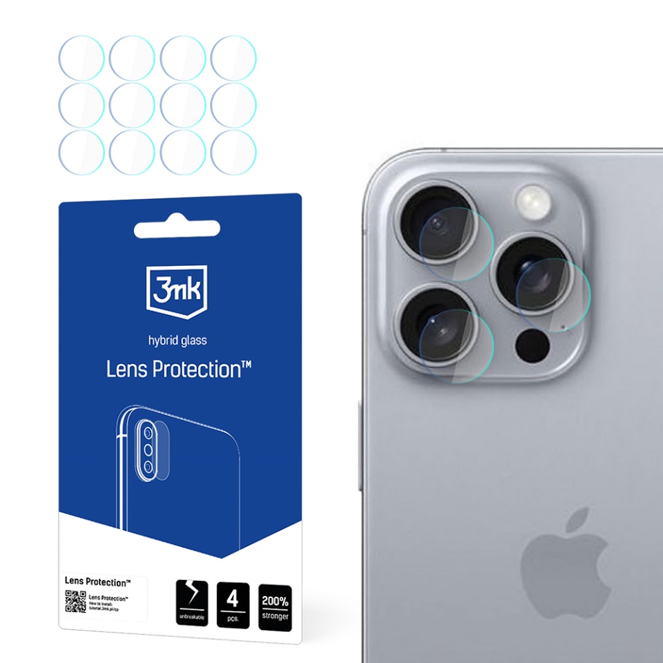 [Pachet 4x] Folie camera pentru iPhone 16 Pro Max, 3mk Lens Protection, Transparenta