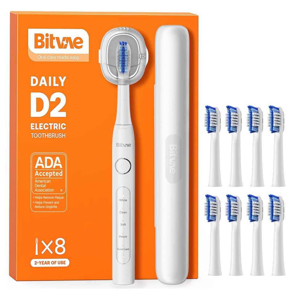 Periuta de dinti electrica Bitvae cu tehnologie ultrasonica, 5 moduri, 8 capete, baterie 60 zile, suport si husa, D2, Alb
