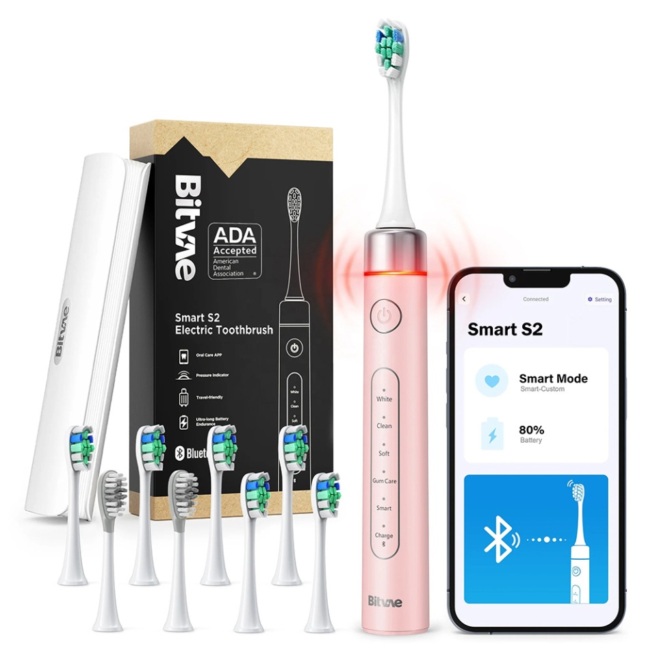 Periuta de dinti electrica inteligenta Bitvae S2, sonica, 5 moduri, 9 niveluri intensitate, 8 capete, 100 zile autonomie, husa calatorie, cu senzor presiune si control prin aplicatie, S2 Smart, Roz