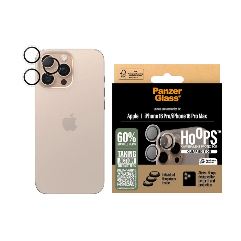 Protectie Camera pentru iPhone 16 Pro / 16 Pro Max, Hoops PanzerGlass®, cu Separare Optica, Sticla Securizata, Anti-Zgarieturi si Anti-Reflexie, Transparenta