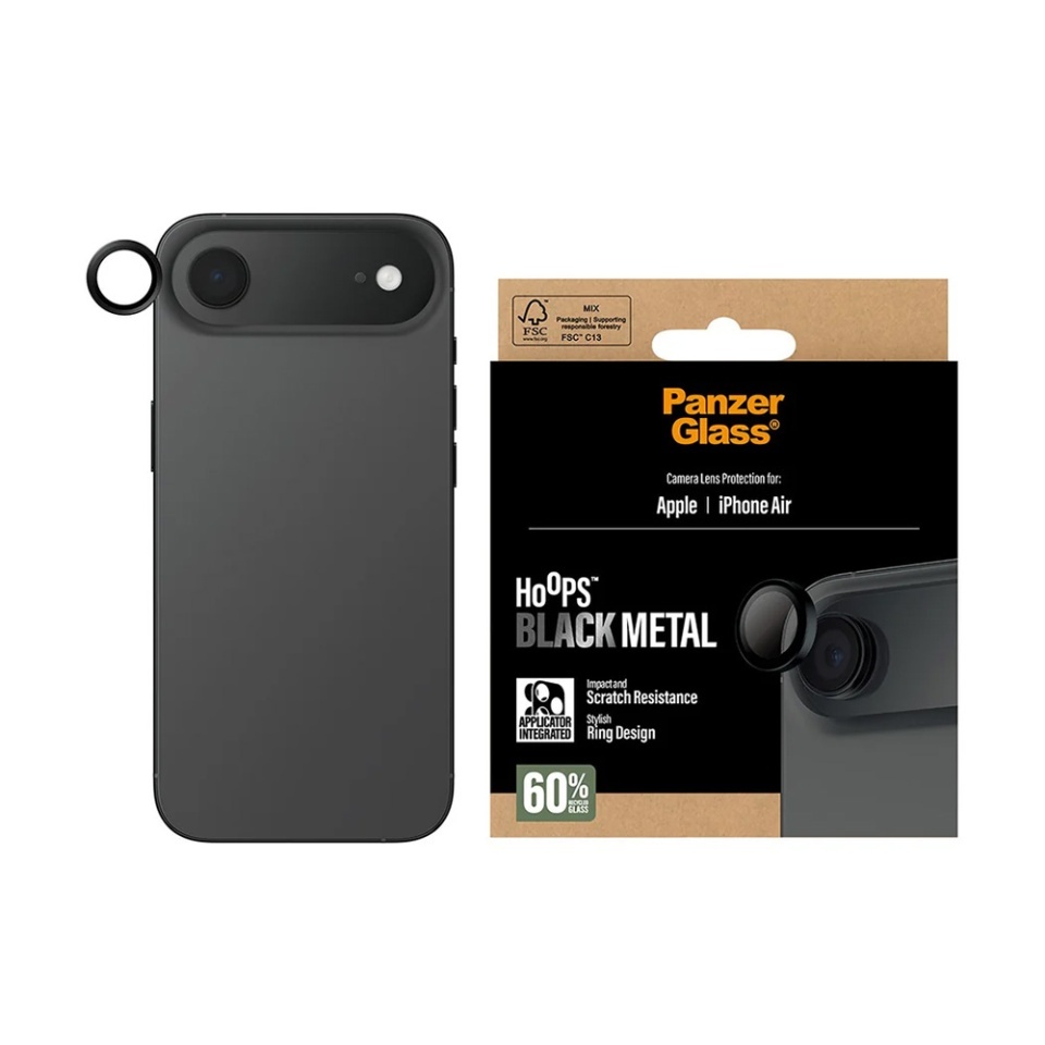 Protectie Camera pentru iPhone 17 Air, Hoops PanzerGlass®, cu Separare Optica, Sticla Securizata, Anti-Zgarieturi si Anti-Reflexie, Negru