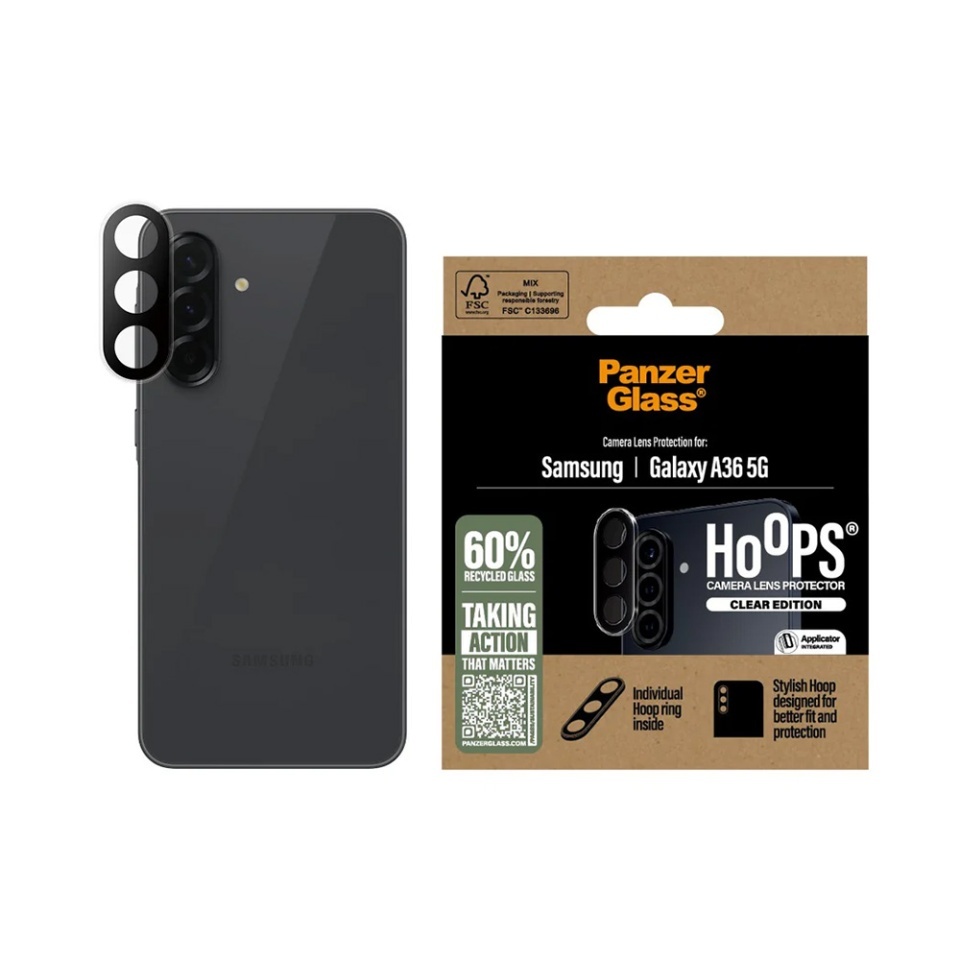 Protectie Camera pentru Samsung Galaxy A36 5G, Hoops PanzerGlass®, cu Separare Optica, Sticla Securizata, Anti-Zgarieturi si Anti-Reflexie, Transparenta