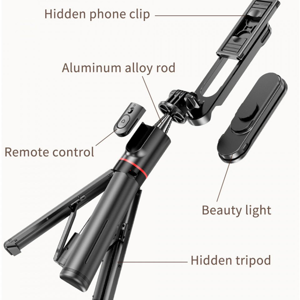 Selfie stick tip trepied cu LED, pliabil, Techsuit L15 - Negru - 1 | YEO