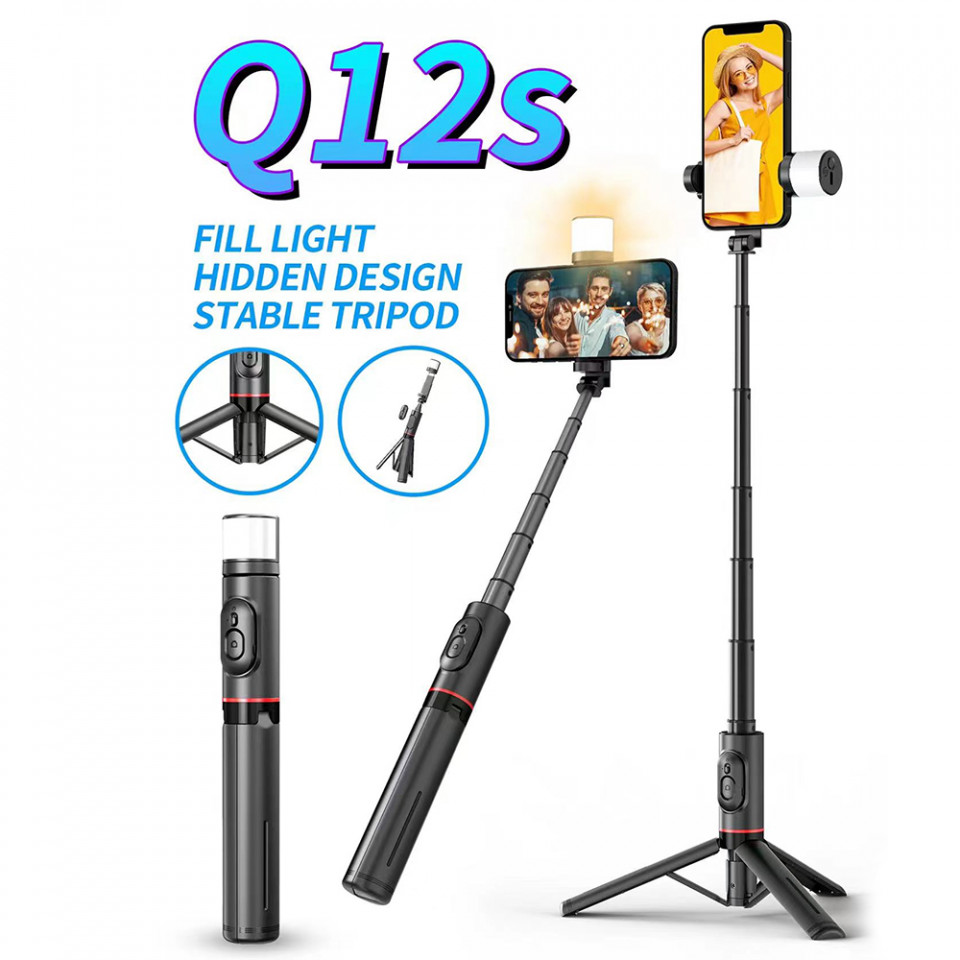 Selfie stick tip trepied cu telecomanda Bluetooth, Techsuit Q12S - Negru - 1 | YEO