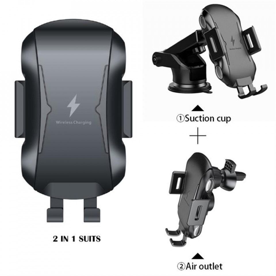 Suport auto premium cu incarcare wireless 10W, prindere bord / grila ventilatie / geam, Techsuit (CAPD032) - Negru - 1 | YEO