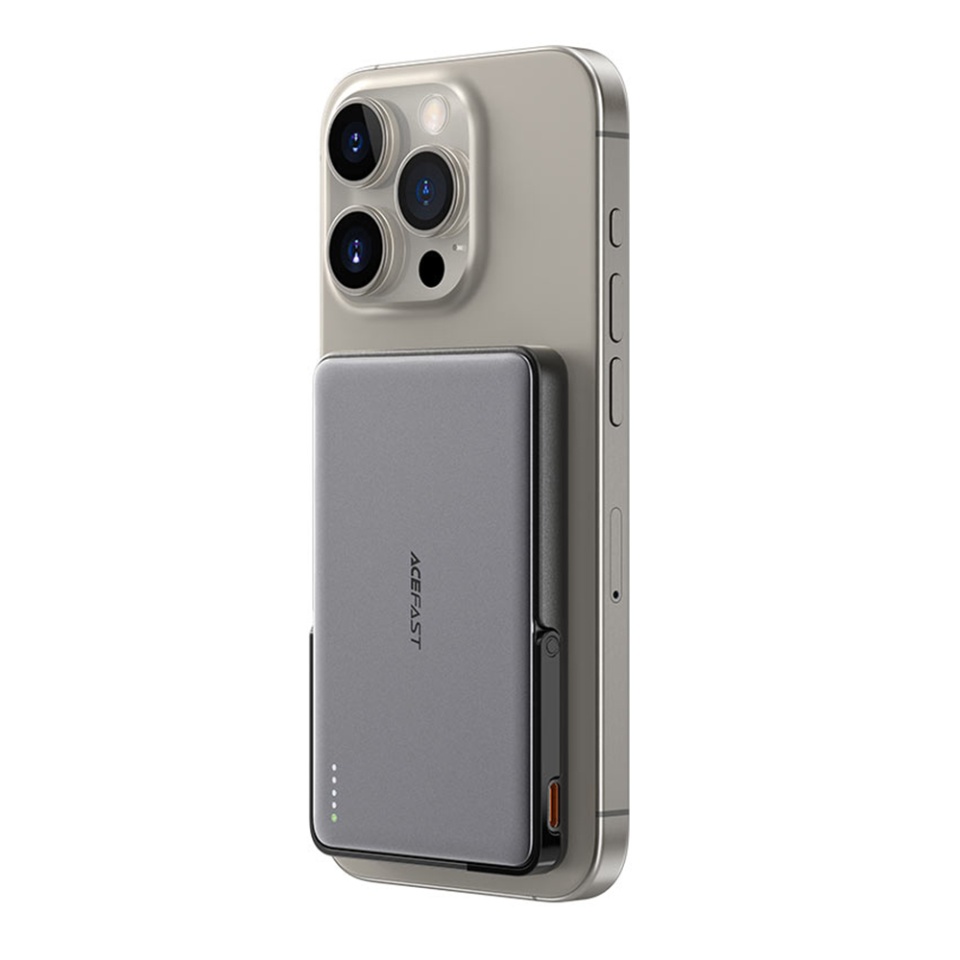 Baterie Externa Wireless Magnetica 5000mAh, Stand Pliabil, USB-C, PD18W, Indicator LED, Acefast M16, Negru - 2 | YEO