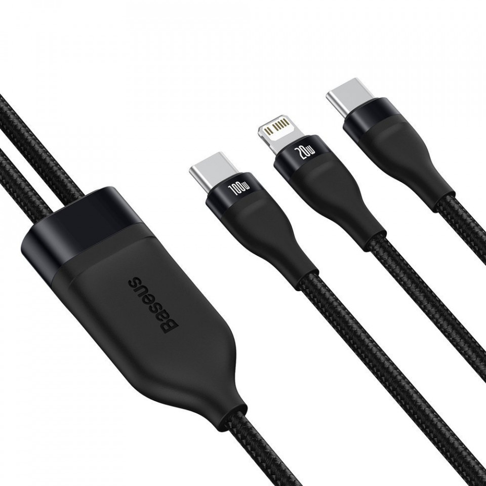 Cablu de date 2in1 Type-C la Type-C / Lightning, 100W, 1.2m, Baseus Flash Series (CA1T2-F01) - Negru - 1 | YEO