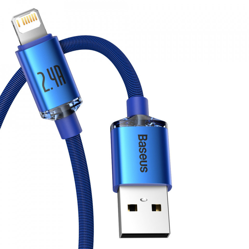 Cablu de date USB la Lightning, 2.4A, 1.2m, Baseus Crystal Shine (CAJY000003) - Albastru - 1 | YEO